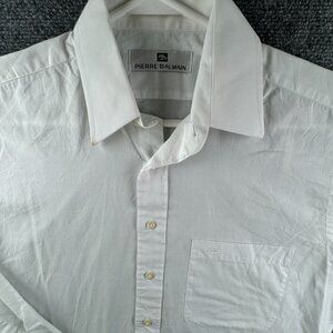 Pierre Balmain Men Button Up Long Sleeve White Shirt Cotton Size 15 Pocket Logo